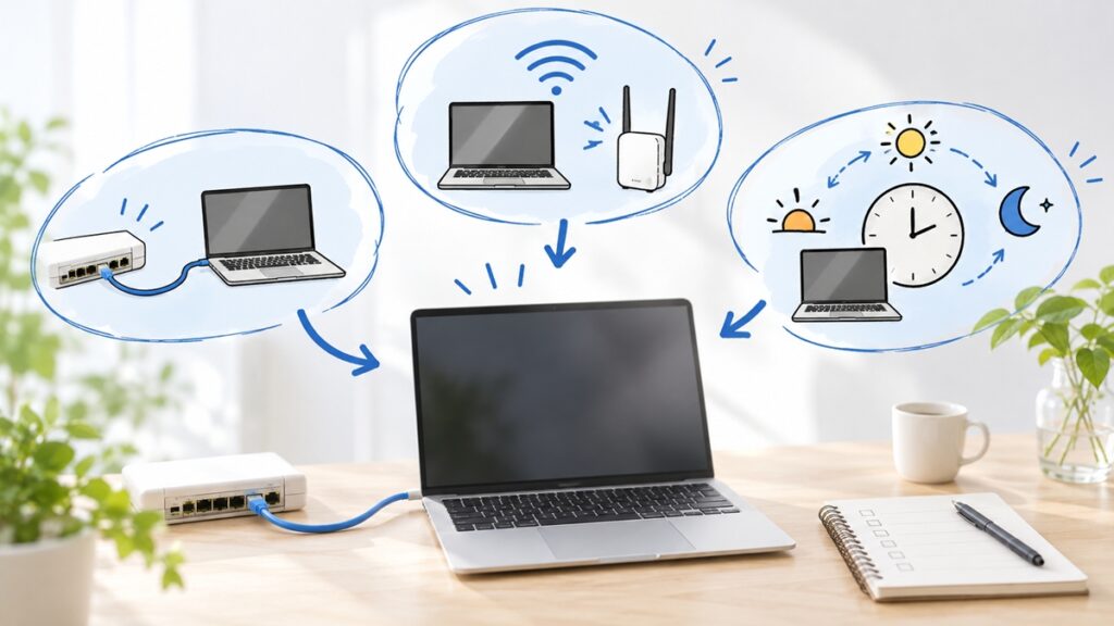 同じ端末で有線・Wi-Fi・時間帯を比べる